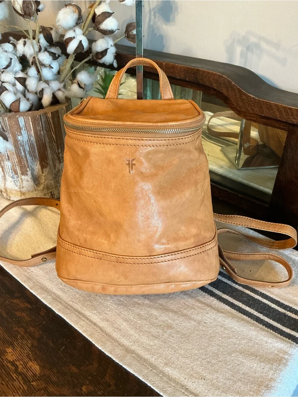 Frye Madison Leather Top Zip Leather Tan Small Backpack MSRP $298